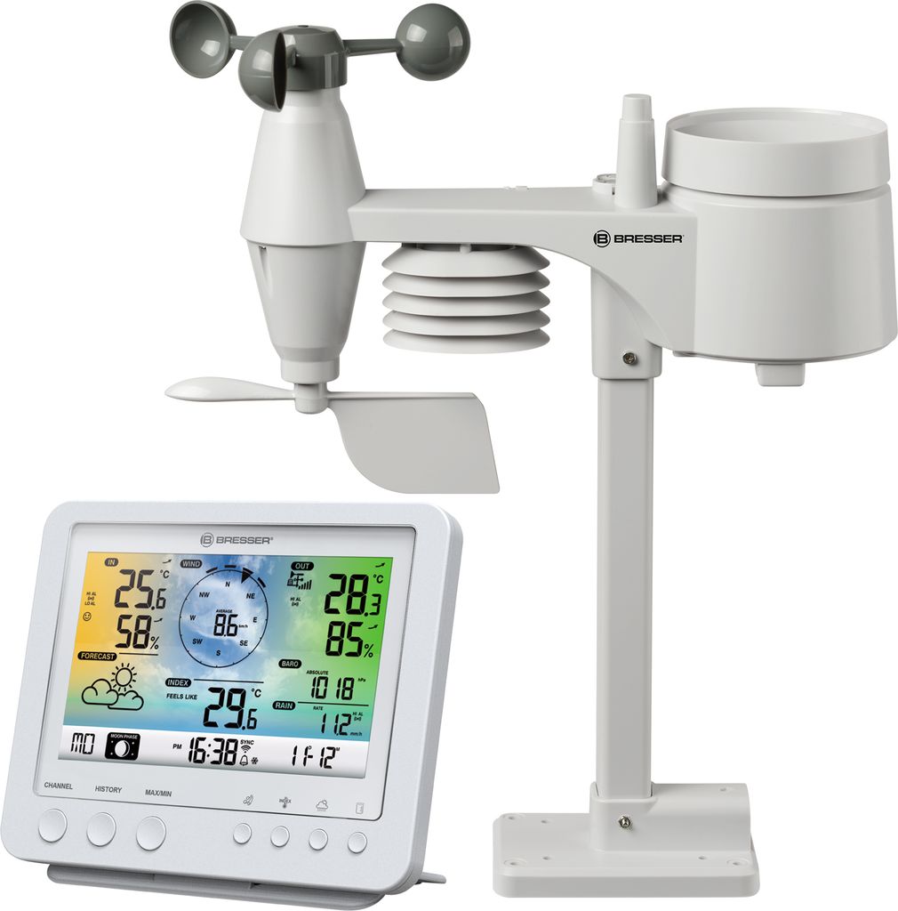 A white weather station with a display console and a multi-sensor outdoor unit.