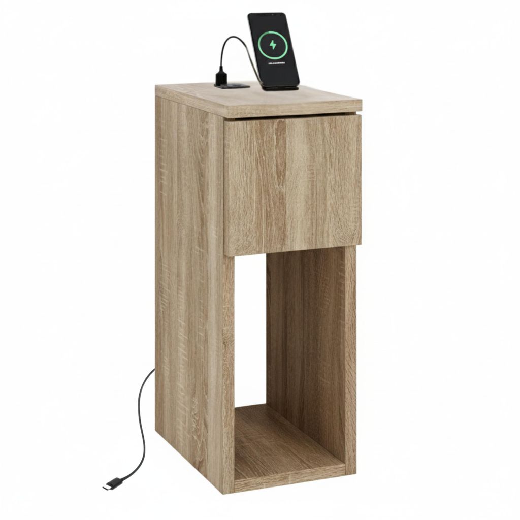 Nachttisch Beistelltisch schmal - Torro Eiche - mit USB USB C Ladeanschluss - Schublade Ablage