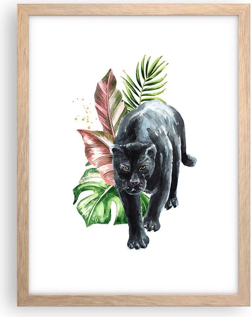 Gerahmtes Poster - Rahmen in heller Eiche - Schwarz Panther Blätter - 30x40 cm - Wand Bild - Wanddeko - Wandbilder - Kunstposter - Wandposter - Bi...
