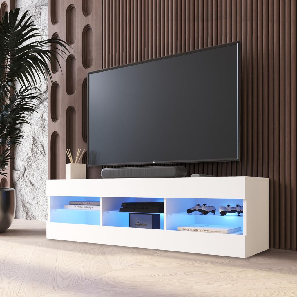 Komodee TV Schrank Tivoli, Weiß/Weiß, Breite 140cm x Höhe 40,5cm x Tiefe 35,5cm, LED Blau, für Wohnzimmer, Schlafzimmer