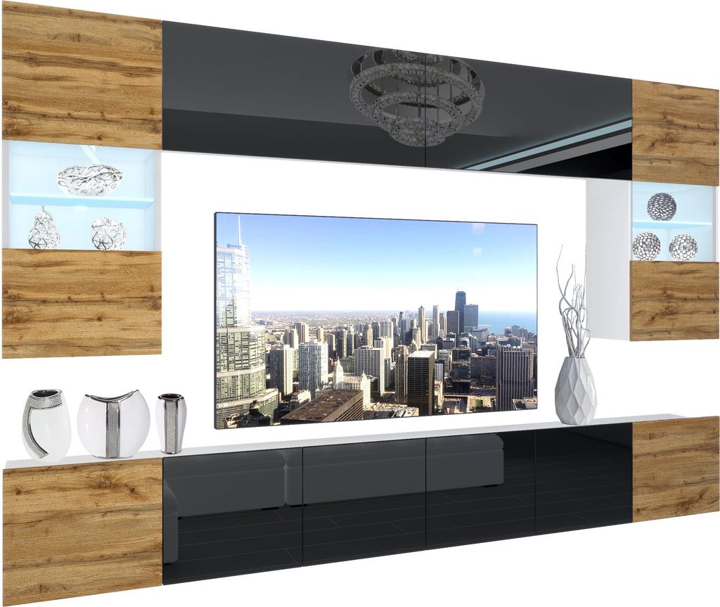 BELINI Wohnwand Vollausstattung Wohnzimmer-Set Moderne Schrankwand mit LED-Beleuchtung Weiß Glänzend Anbauwand TV-Schrank Wotan Eiche / Schwarz G...