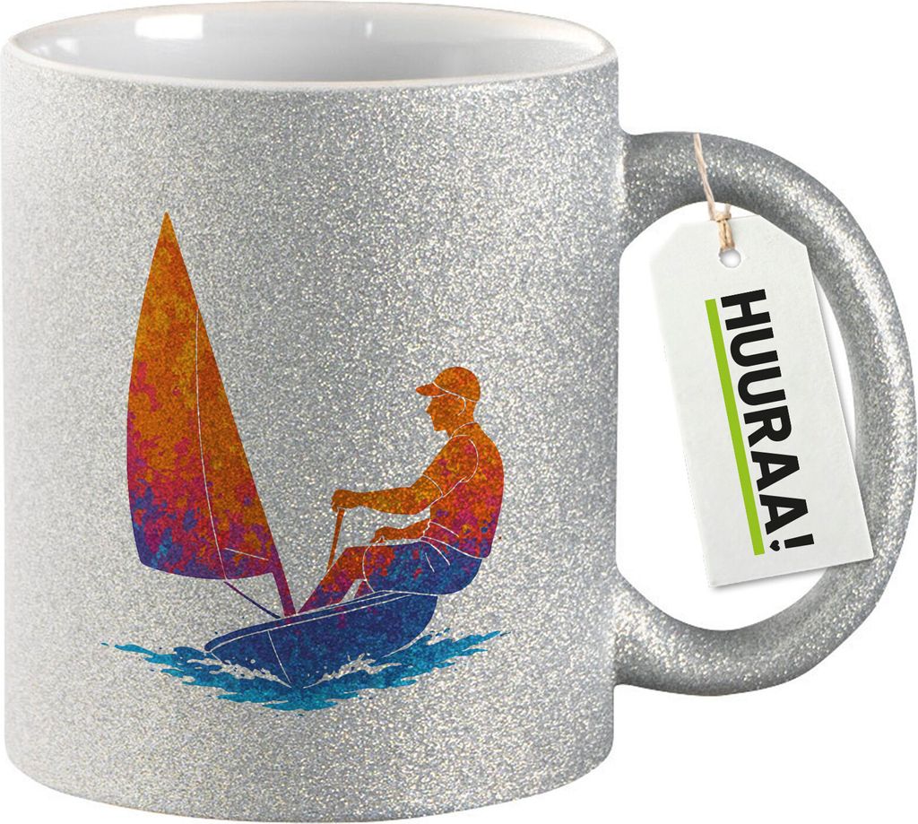 Huuraa Glitzertasse Segeln bunte Silhouette 330ml Silber Keramik Kaffeebecher Geschenkidee