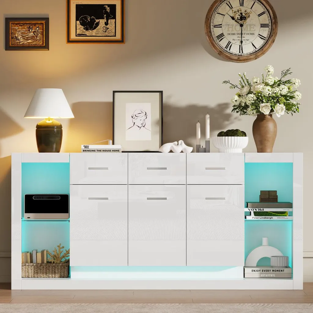Buffet bas blanc brillant 160cm avec 14 compartiments et éclairage LED - 4