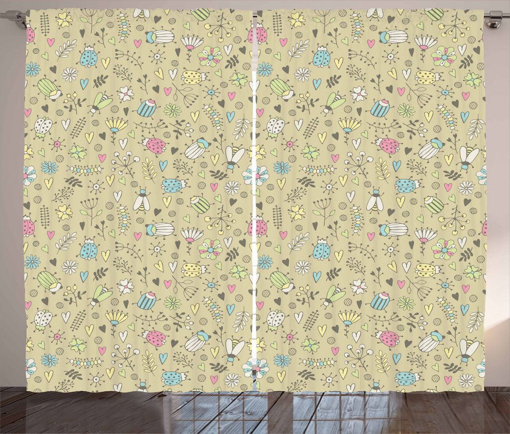 ABAKUHAUS Blumen Rustikaler Vorhang, Kindergarten Doodle Insekten, Wohnzimmer Universalband Gardinen mit Schlaufen und Haken, 280 x 225 cm, Mehrfarbig