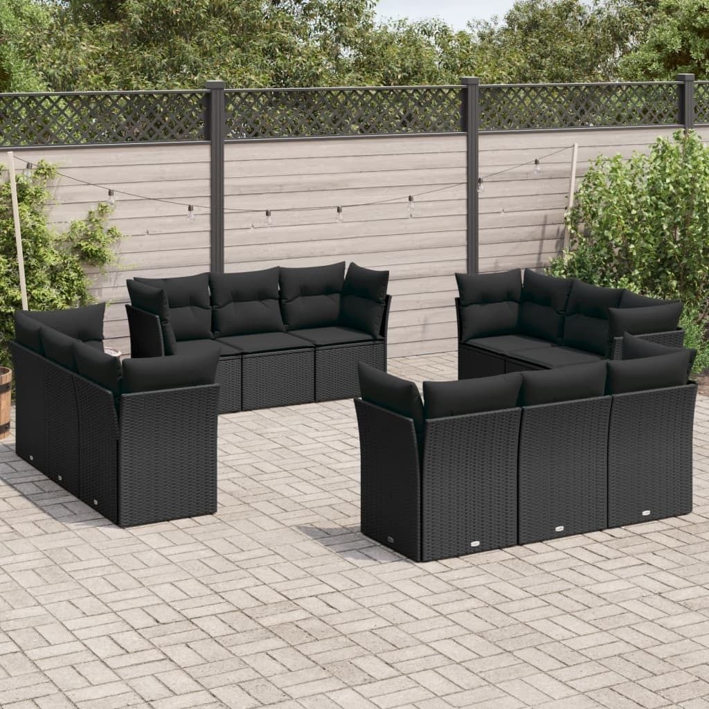 Schlichtes 12-tlg. Garten-Sofagarnitur,Lounge-Gartenmöbel, Gartensofa Set mit Kissen Schwarz Poly Rattan DE4644