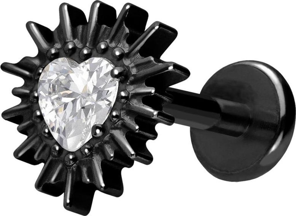 Ohrpiercing, Nasenpiercing Titan Labret mit Push Fit KRISTALLHERZ + SONNENSTRAHLEN Schwarz Stablänge: 7mm | Stabstärke: 1mm