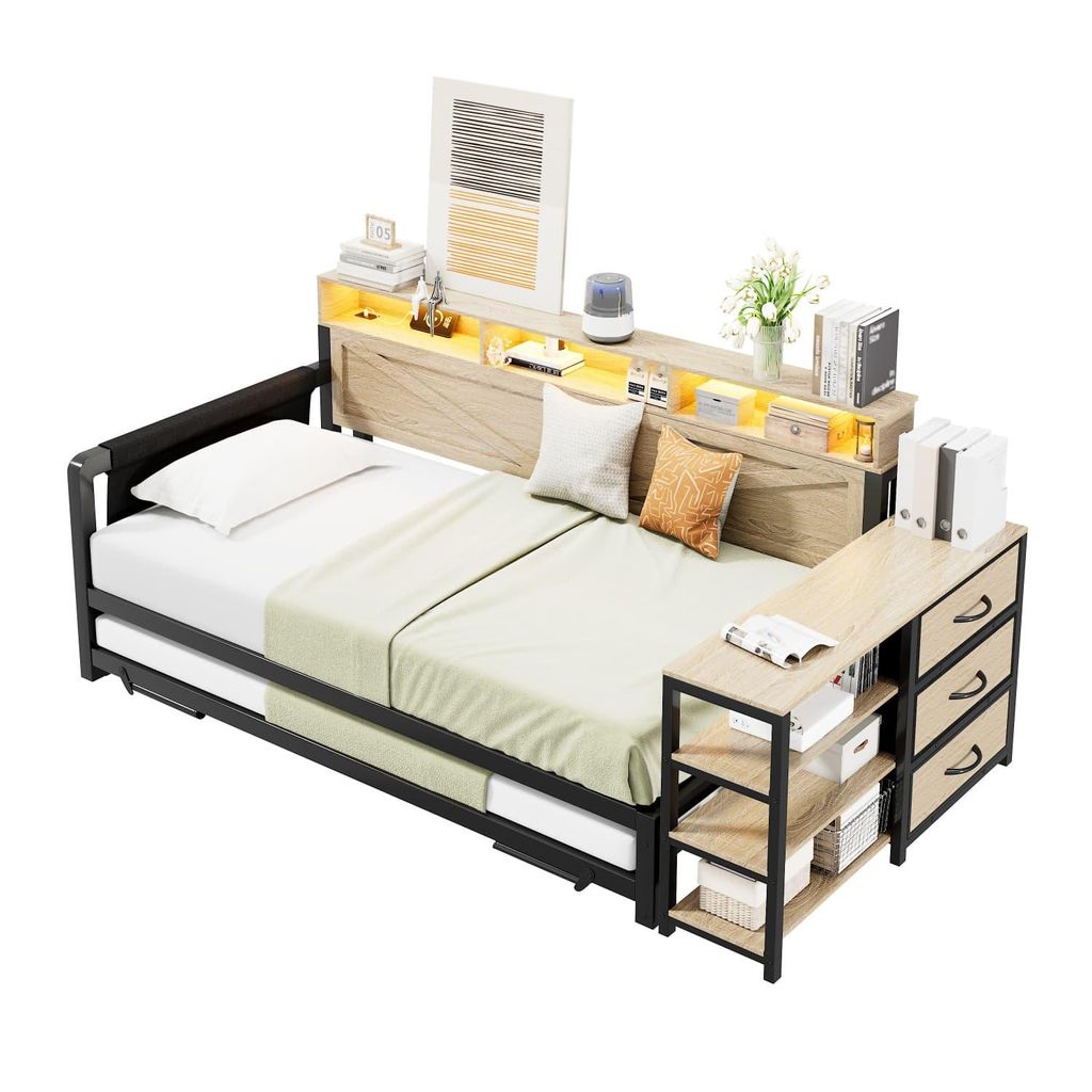 Metall-Schlafsofa, 90 x 200 cm, mit verstellbarem Ausziehbett, Stauschrank, 3 Schubladen, Staufächern, LED-Beleuchtung und USB-Anschluss, schwarz.
