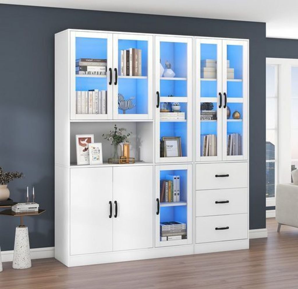 Odikalo Standvitrine Kombi Vitrinen-Set 200*180 cm 16 Farbe LED 8 Türen 3 Schubladen Weiss