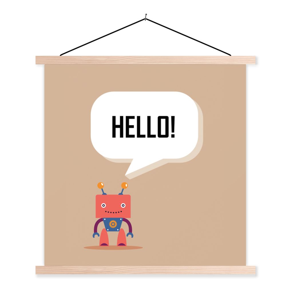 MuchoWow Textilposter Sprichwörter - Zitate - Hallo! - Roboter - Zahnrad - Kinder 40x40 cm mit holzfarbenen Rahmen - Posterleiste