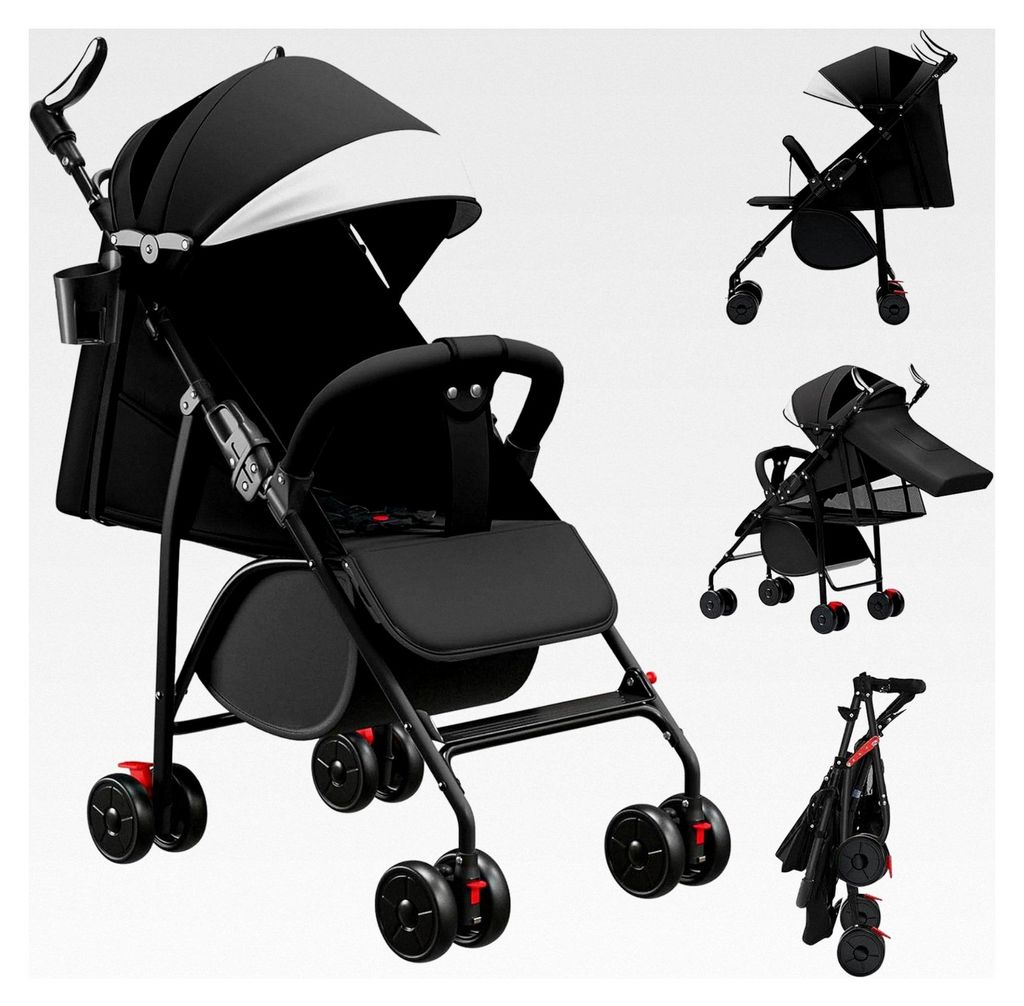 Zusammenklappbarer Buggy mit Wattepads und Moskitonetzen, Reise-Kinderwagen mit Liegefunktion, Sitz- oder Liegeoption (schwarz)