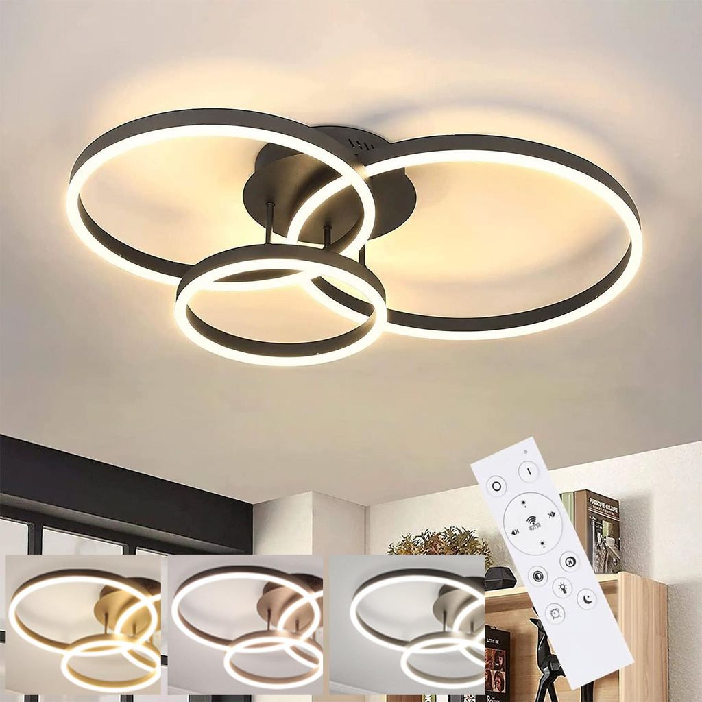 ZMH LED Deckenleuchte Dimmbar mit Fernbedienung Deckenlampe 3 Ring Wohnzimmerlampe 74W Deckenleuchten für Schlafzimmer Küchen Arbeitszimmer Schwarz