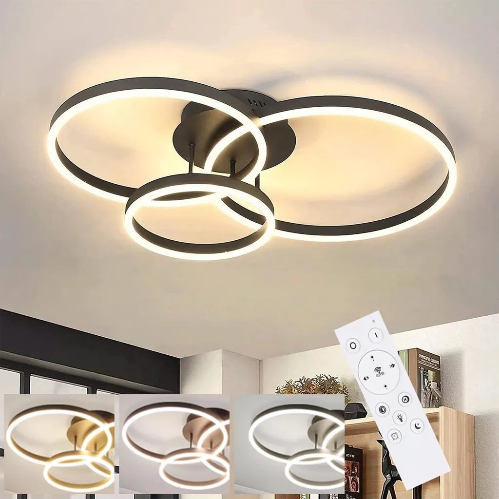 Éclairage de Plafond LED Moderne pour Salon et Bureau Noir 3 Cercles 74W