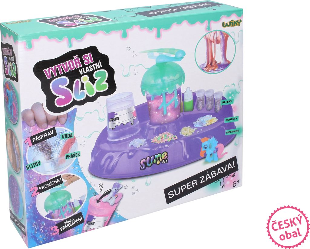 A box for a slime making kit, showing the toy itself and instructions.