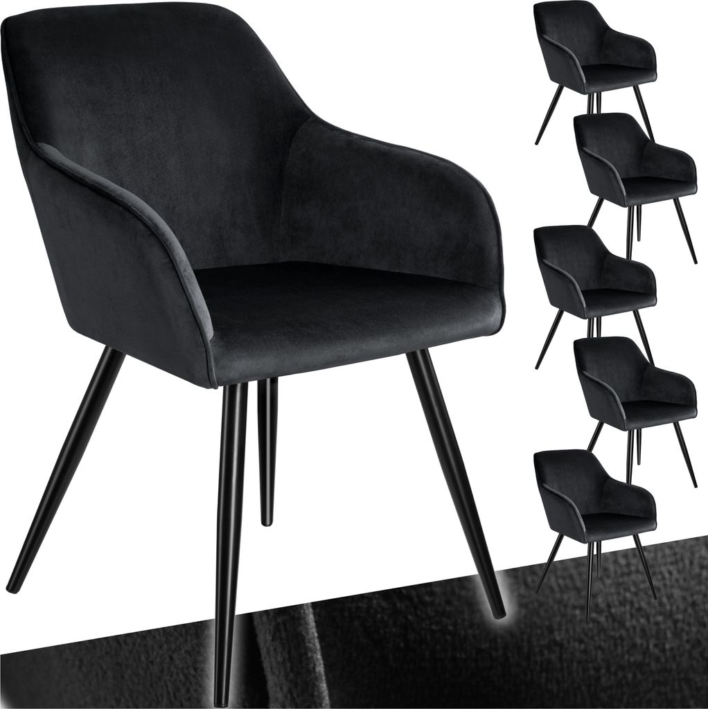 A main product shot of a black velvet armchair, with four smaller images of the same armchair arranged in a collage on the right side of the image.
