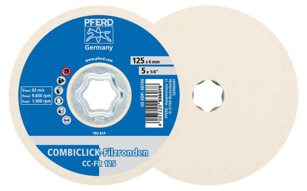 PFERD TOOLS COMBICLICK Filzronden CC-FR Ø 125 mm für Vor-und Hochglanzpolitur mit Winkelschleifer 5 Stk