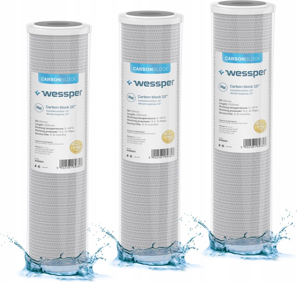 Three water filter cartridges are shown standing upright with water splashing around their bases.