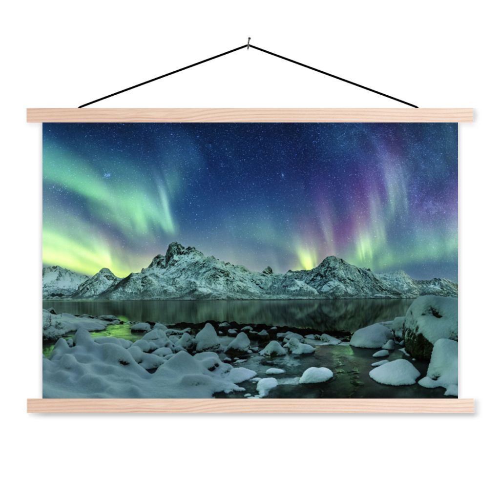 MuchoWow Textilposter Meer - Eis - Nordlicht - Winter - Natur 120x80 cm mit holzfarbenen Rahmen - Aufhängeset