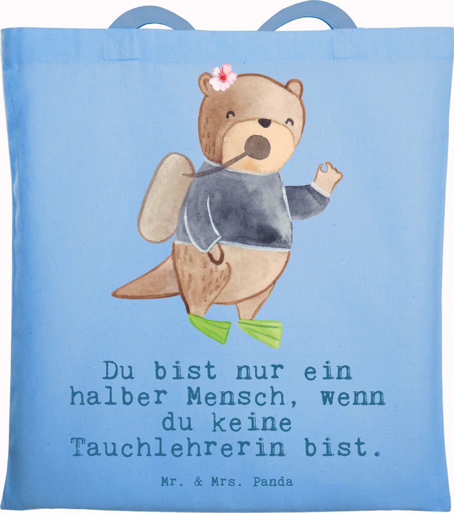 Mr. & Mrs. Panda Jutebeutel Tauchlehrerin Herz - Sky Blue - Geschenk, Shopping Tasche, Tote Bag, Stoffbeutel, Tragetasche