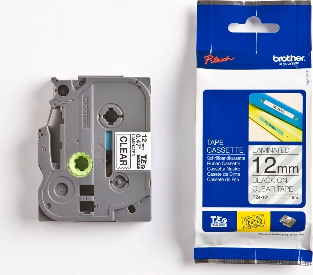 A Brother TZE-131 label tape cartridge and its packaging are shown against a white background.