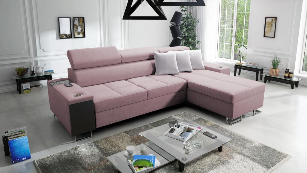 Kaiser Möbel Bequemes Ecksofa mit Schlaffunktion MORENA I MINI Sawana Rosa Rechts