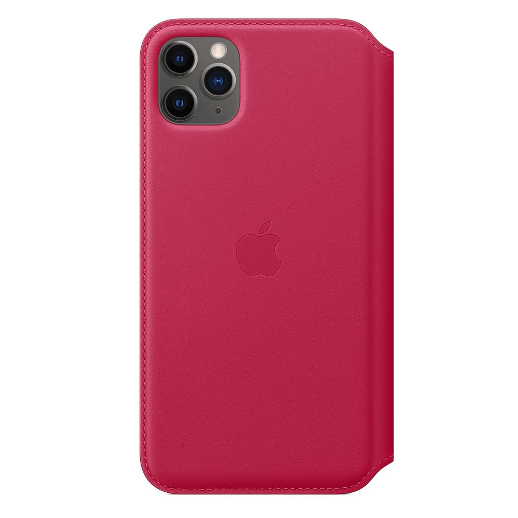 A pink iPhone 11 Pro Max leather flip case is shown from the back.