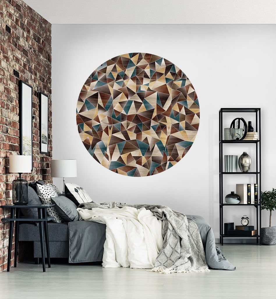 Fototapete Abstrakte kleine Dreiecke in Holz Farben rund, Material:Premium Vlies 150g/qm, Größe Tapete:195cm rund