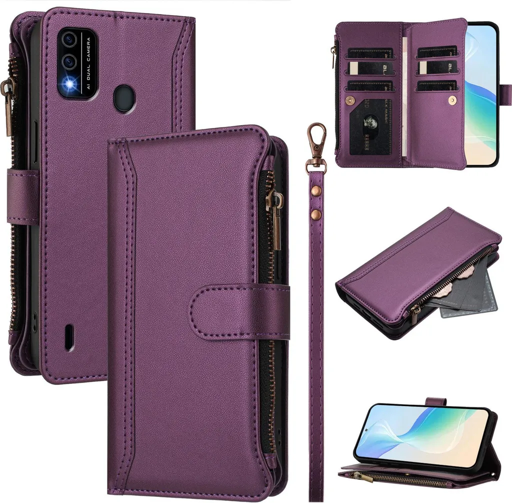 Cover Itel A48 Purple: Portafoglio con Cerniera e Cinturino Polso