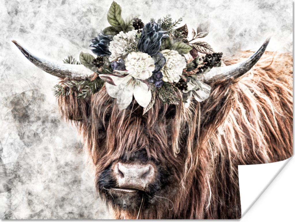 MuchoWow Poster Schottischer Hochländer - Rauch - Flora 120x90 cm - Wandbild