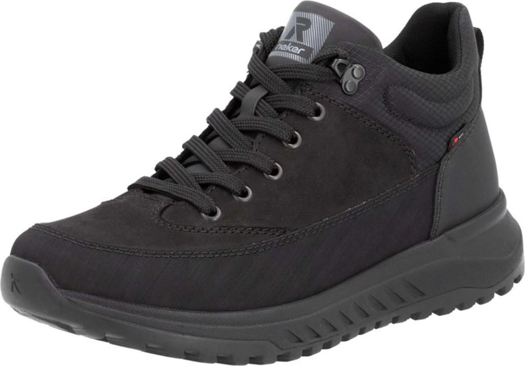 A black Rieker men's boot is shown against a white background.