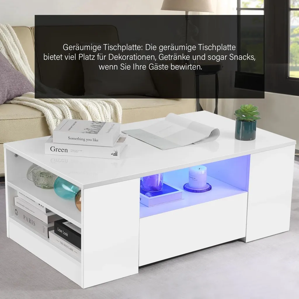 Table basse blanche brillante LED - Solution de rangement salon 2 tiroirs - 7