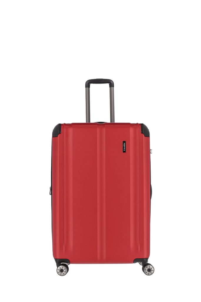 A red trolley suitcase on a white background.
