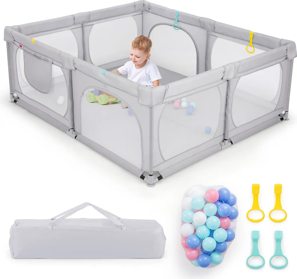 Parc bébé anti-chute avec maille respirante et balles de jeu grises