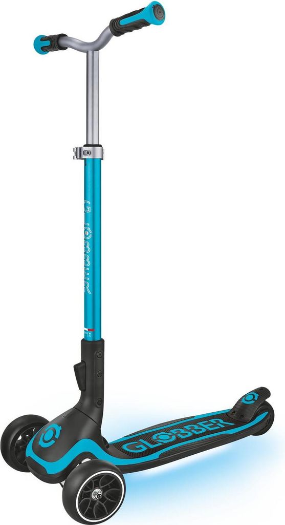 GLOBBER ULTIMUM LIGHTS – Tretroller, 125/90 mm extra breit, ABEC 7, 3-rädrig, höhenverstellbar, LED-Leuchtmodul, blau