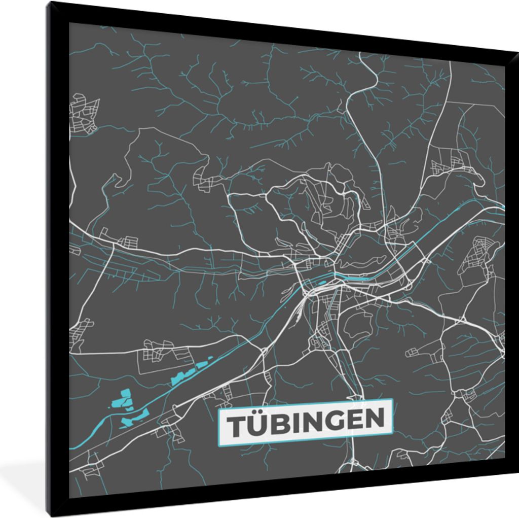 MuchoWow Gerahmtes Poster Blau - Deutschland - Karte - Stadtplan - Tübingen 40x40 cm - Poster mit Schwarzem Bilderrahmen Wandposter Rahmen Foto ...