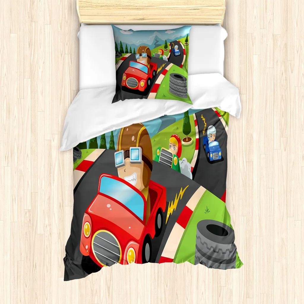 ABAKUHAUS Set copripiumino per letti singoli, auto da corsa per ragazzi, antiacaro, adatto a chi soffre di allergie, con federa, 135 cm x 200 cm - 80 x 80 cm, multicolore