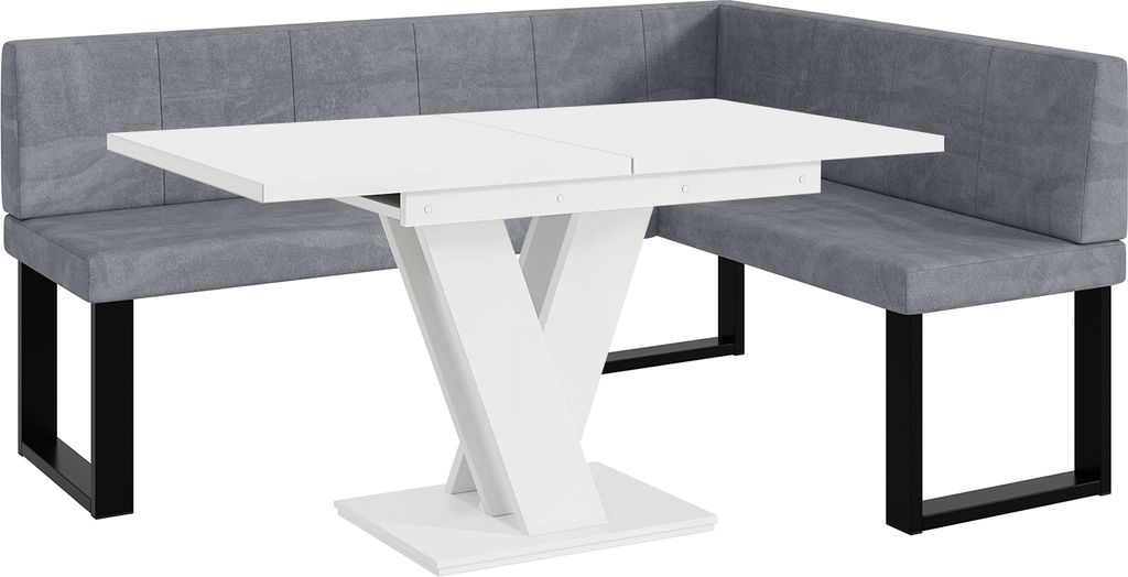 MEBLINI Eckbank für Esszimmer mit ausziehbarem Tisch - Küchenbank - Essecke - Sitzecke Küche - PETER - U-Beine 128x168x87cm Rechts - Grau Samt/M...