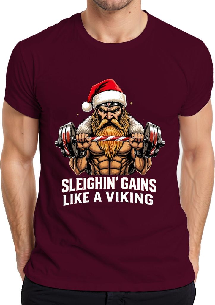 Sleighin' Gains Like A Viking Wikinger Weihnachtsmann Gym Fitness Herren T-Shirt, Burgundy, XL