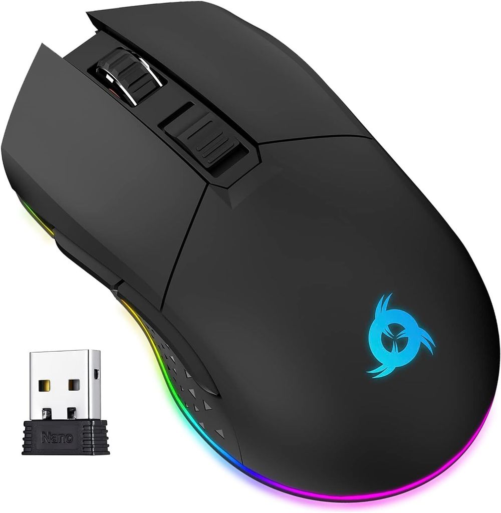 Wiederaufladbare kabellose RGB Gaming Maus - NEU 2023 - Präziser Sensor mit langer Akkulaufzeit - Einstellbar bis 10000 DPI - Kabel- & Funkmodus