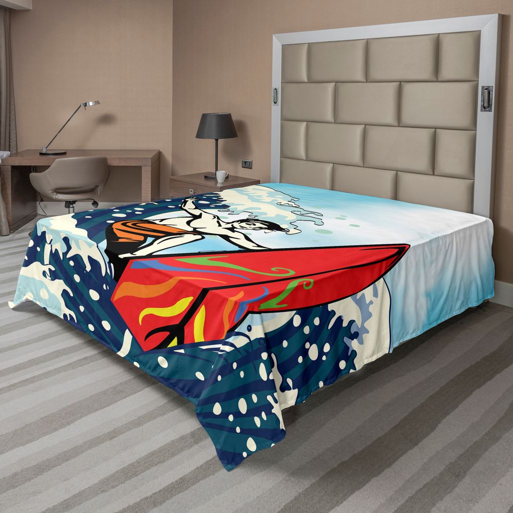 ABAKUHAUS Surfen Bettlaken, Sommer-Themen Zusammenfassung Cartoon mit Surfer-Jungen auf Vintage Design Ozean-Wellen-Druck, weiches bequemes oberes ...