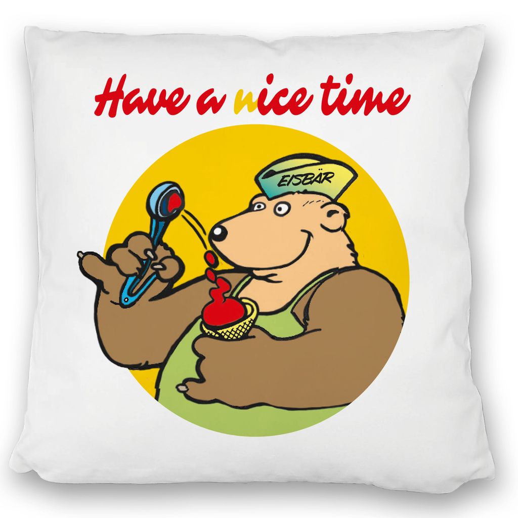 Eisbär mit Waffeleis Kissen satiniert mit Spruch have a nice time