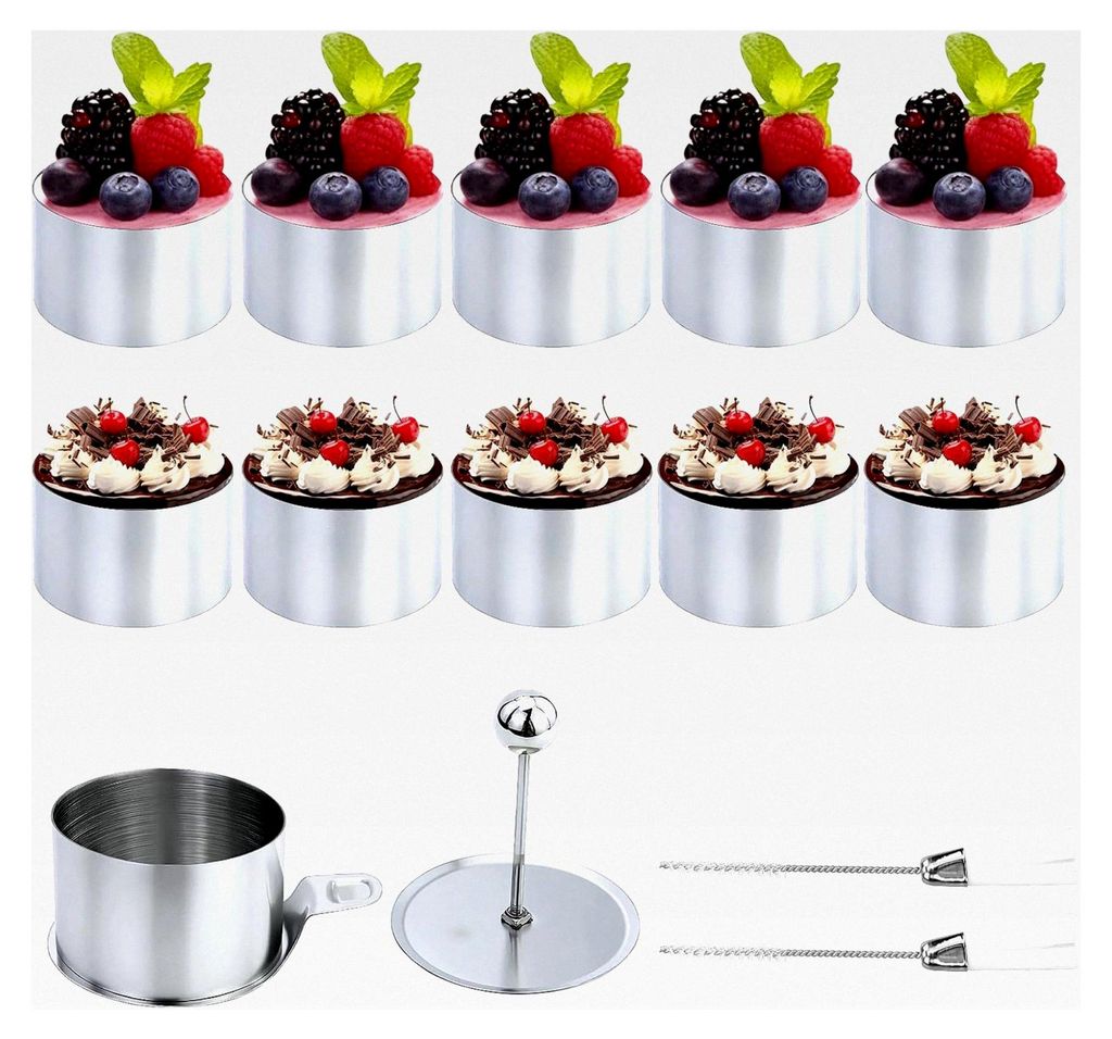 10 Dessertringe und Speiseringe, 8 cm runde Mousseringe Servierringe Edelstahl Set mit Heber und Stampfer, kleine Backringe Tortenring für DIY Mou...