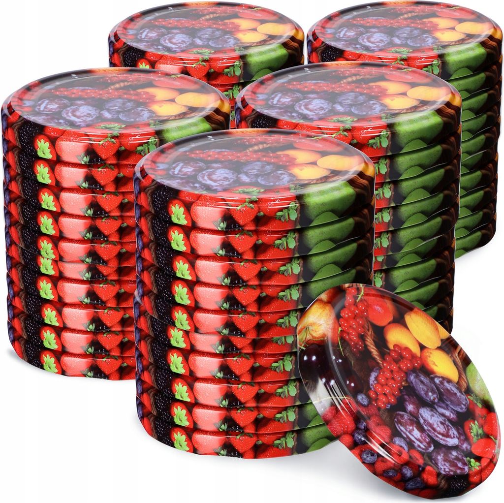 A stack of round metal jar lids with a fruit mix pattern, with one lid in the foreground showing a close-up of the pattern.