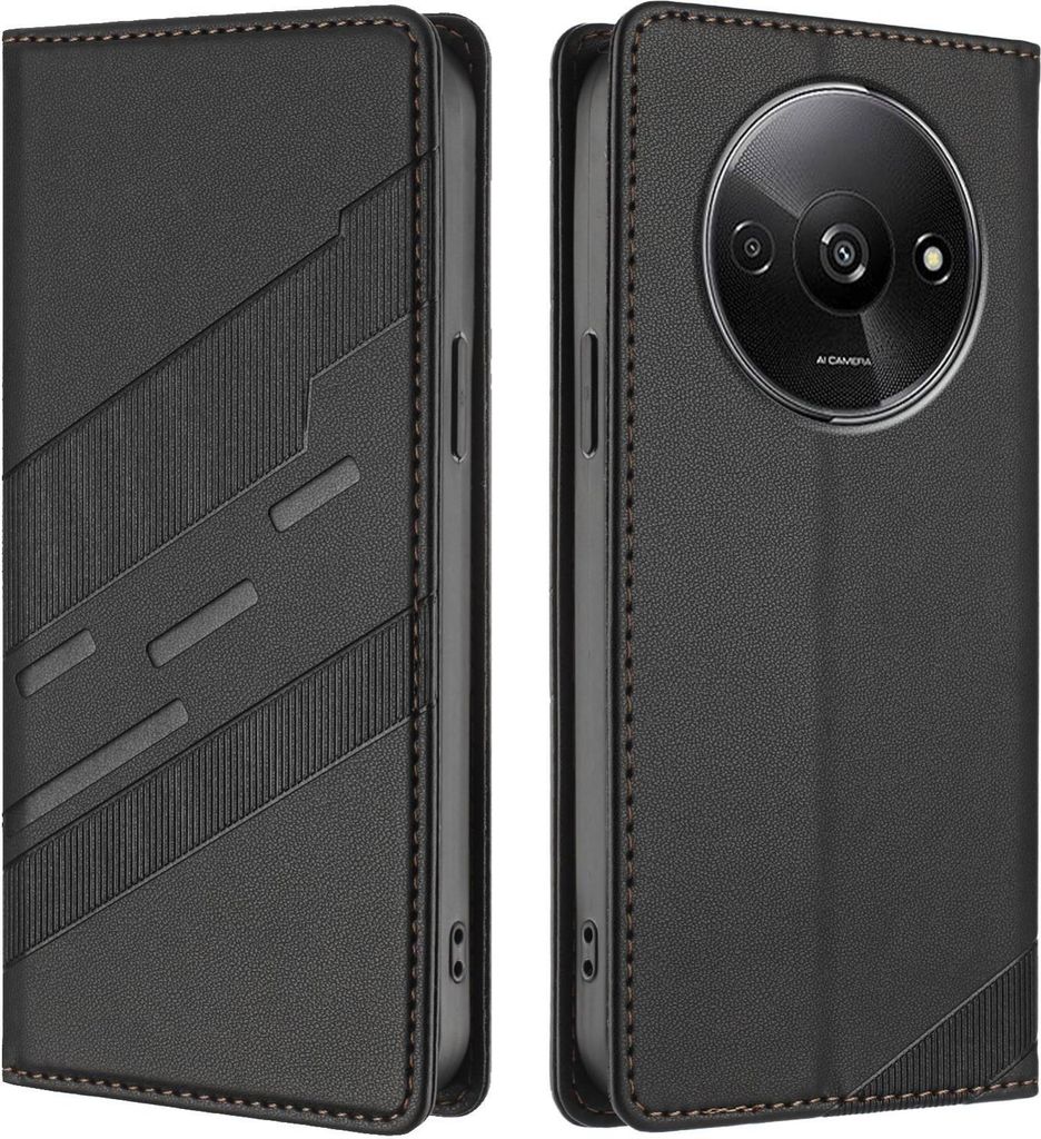 Hülle für Xiaomi Redmi A3 - Phonesta Embossed Lines Book Wallet Klapphülle - Schwarz