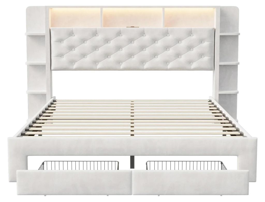 Bettgestell - Doppelbett mit Stauraum 140x200 cm - LED-Beleuchtung - USB-Ladeanschluss - Holz - Weiß