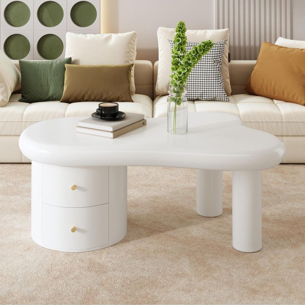 AIORBER Moderner Weißer Couchtisch mit Unregelmäßiger Form, 2 Schubladen, Platzsparend und Stabil, 97×64×42cm