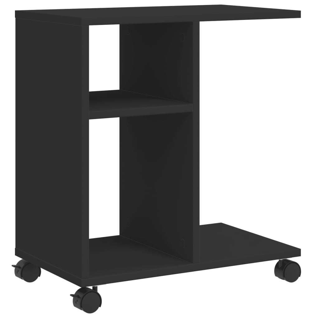 A black side table with wheels on a white background.