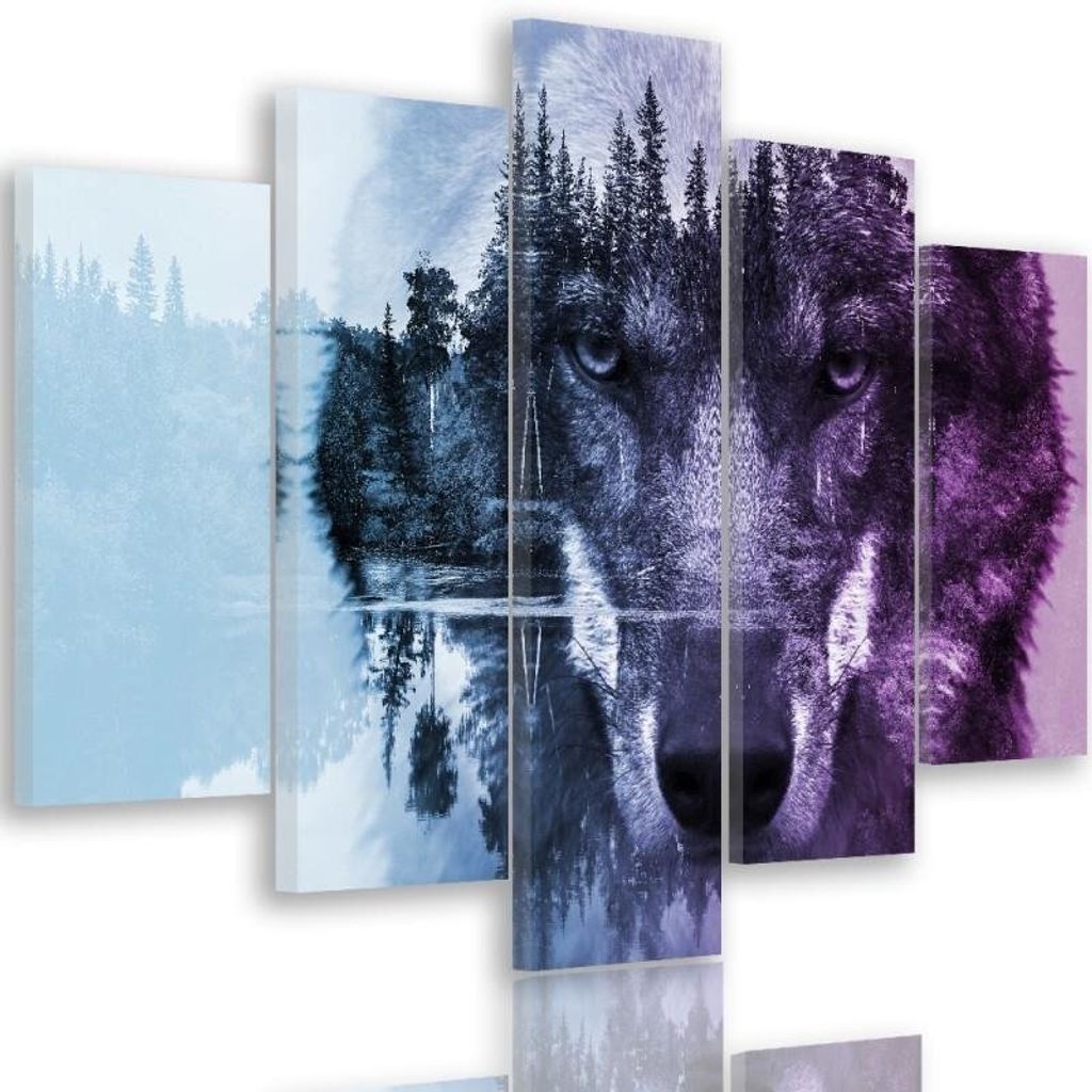 5-teiliges leinwandbild wolf in einem wald - lila 150x100 cm Feeby lila wandbild bereit zum aufhängen