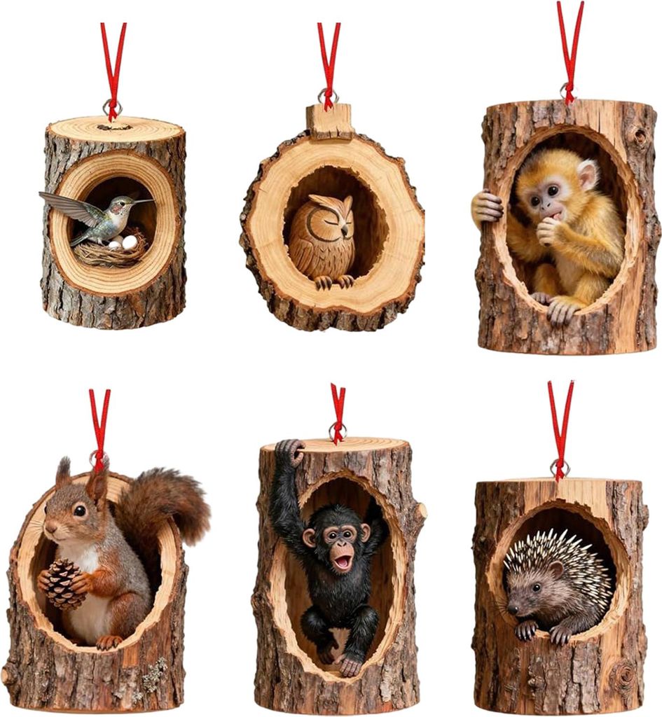 6-teiliges Set Weihnachtsbaumschmuck mit Waldtiermotiven: Eichhörnchen, Affe, Koala – Acryl-Hängeornamente für die Weihnachtsdekoration