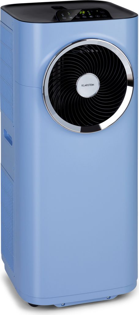 A light blue portable air conditioner with a black top and a silver-ringed fan on the front.
