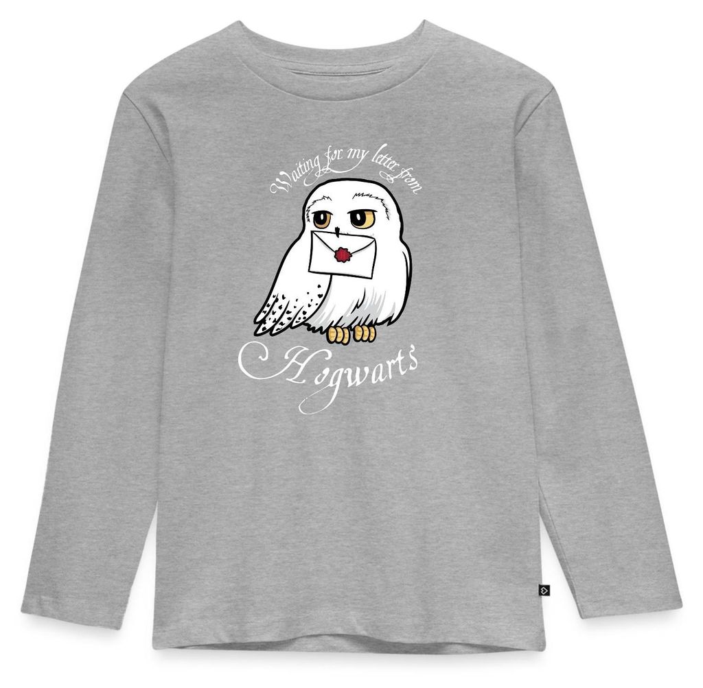 Spreadshirt Harry Potter Hedwig Brief Kinder Premium Langarmshirt, 122/128 (6 Jahre), Grau meliert